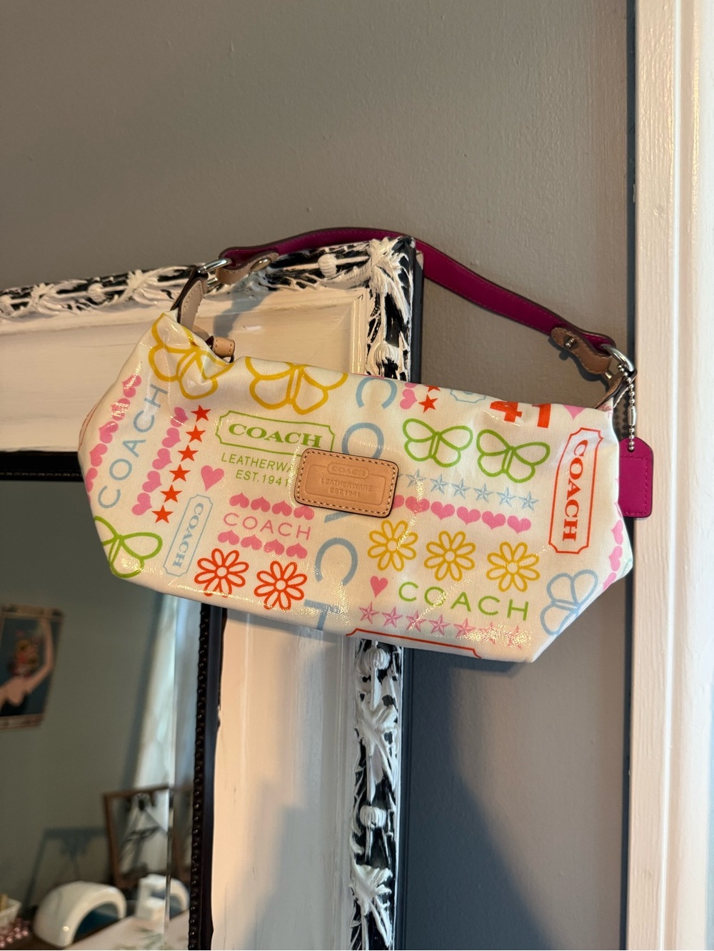 Vintage Coach White Multicolor Logo Shoulder Bag with Pink Strap